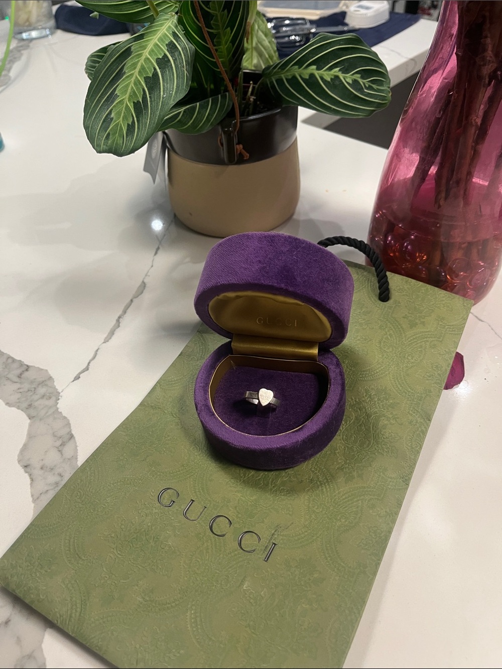 Gucci Silver Heart Ring with Purple Velvet Box